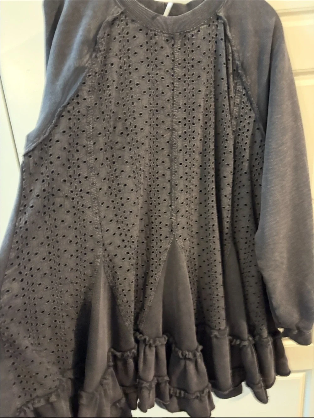 Free People Eva Black Eyelet Ruffle Hem Oversized  Boho Mini Dress Size Medium